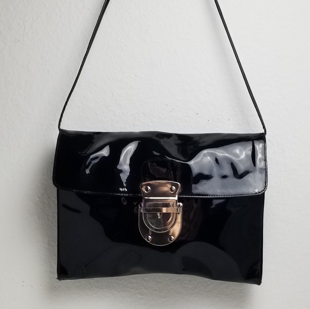 Oversized Black Patent Leather Envelope Clutch/Bag with Silver Hardware